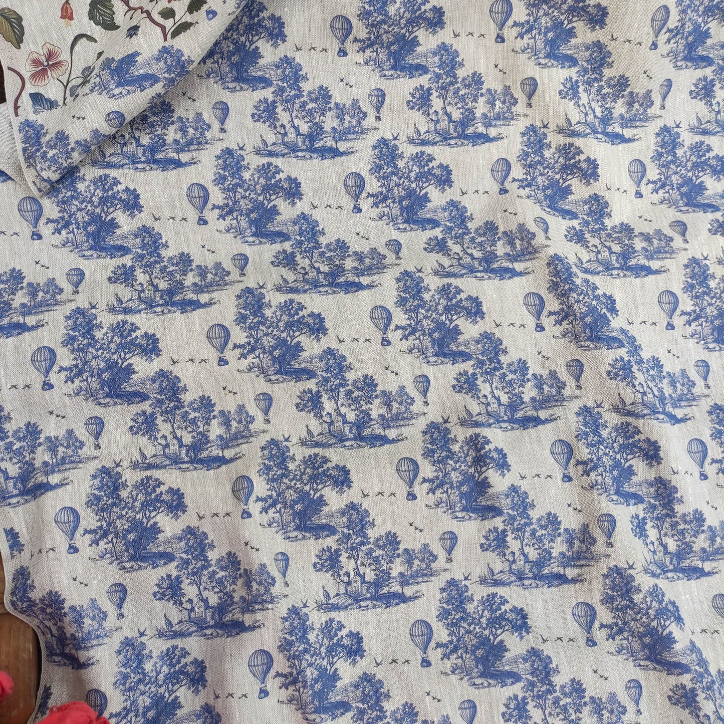 100% LINEN Fabric Toile de Jouy with air Balloon, oatmeal natur linen fabric with blue indigo print, coastal French linen fabric upholstery