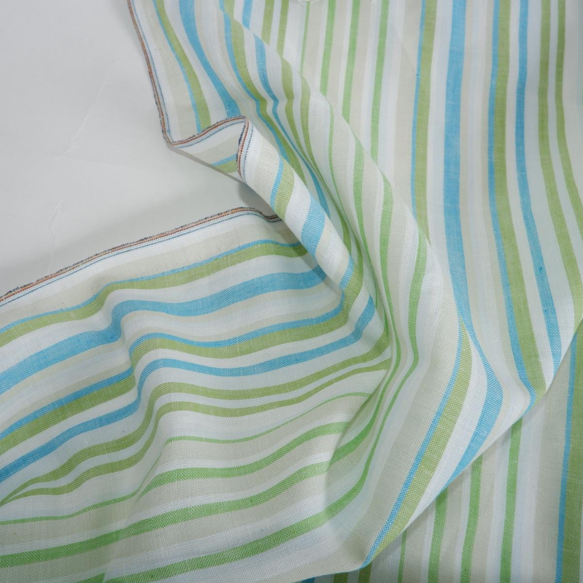 Premium Linen striped Fabric in blue green white | Medium weight multicolor stripes Valencia Stripe for clothing home textile
