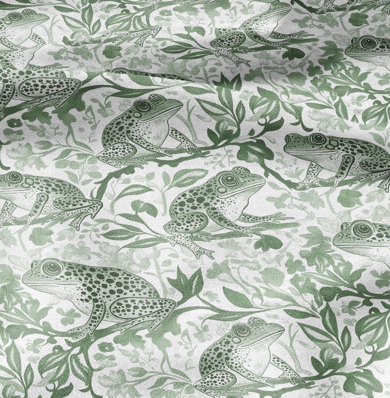 100% LINEN Fabric toile de jouy Frog Nautical print - green white linen fabric with blue coastal print for upholstery home decor