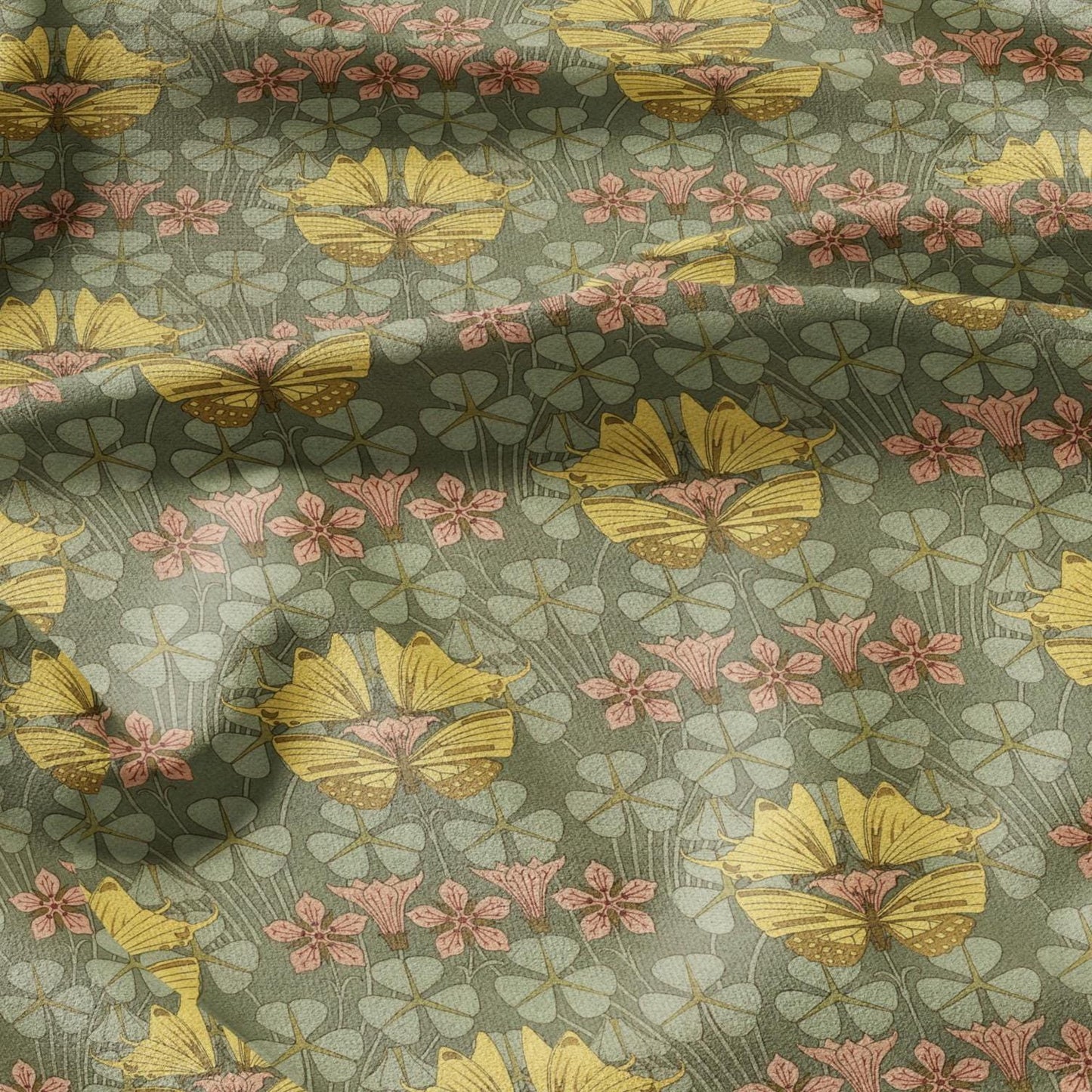 100% linen Art Nouveau Print fabric for Curtain Upholstery Cushion - Floral fabric with butterflies