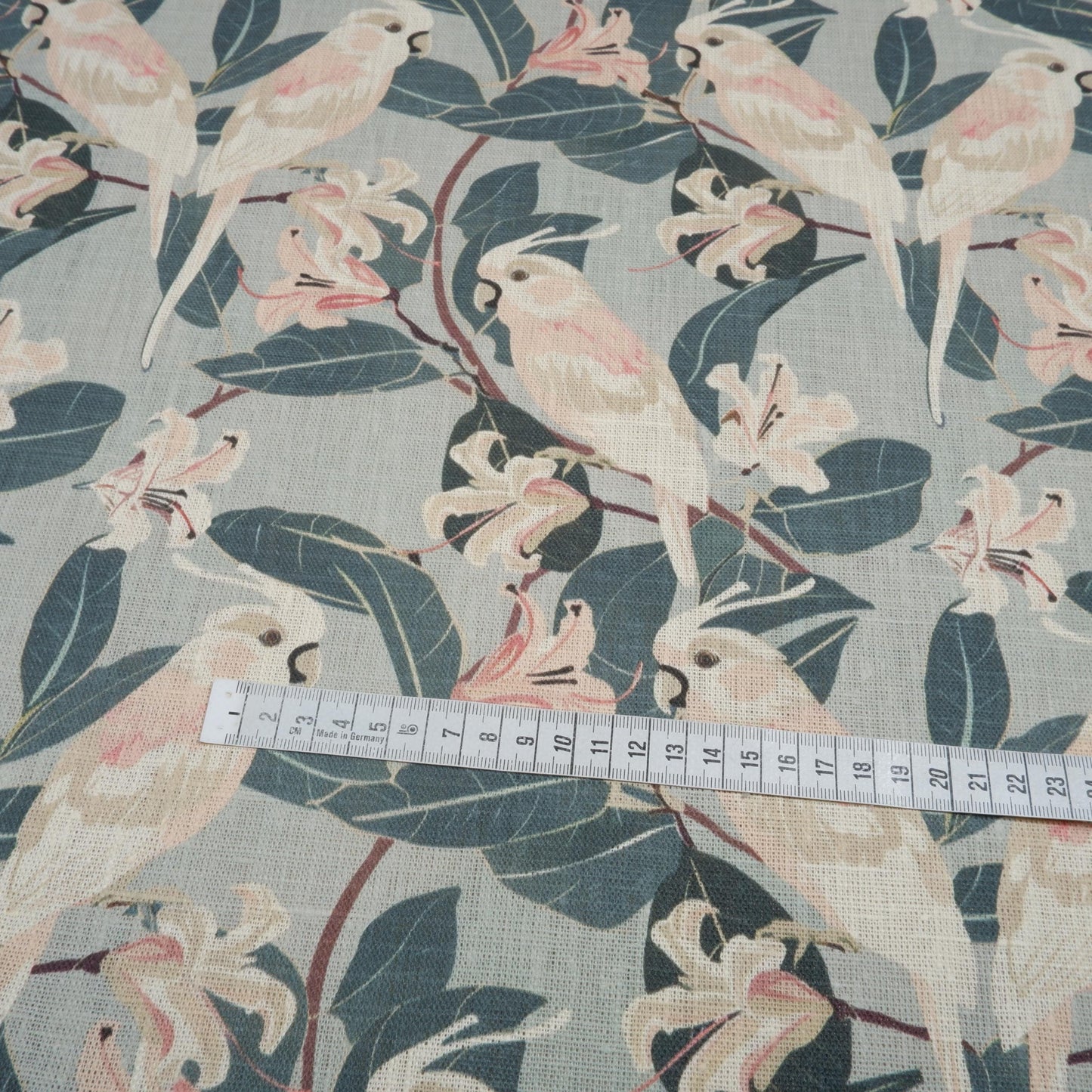 100% LINEN Fabric french blue block print on oatmeal natur linen, floral fabric with parrot French linen botanical upholstery clothing