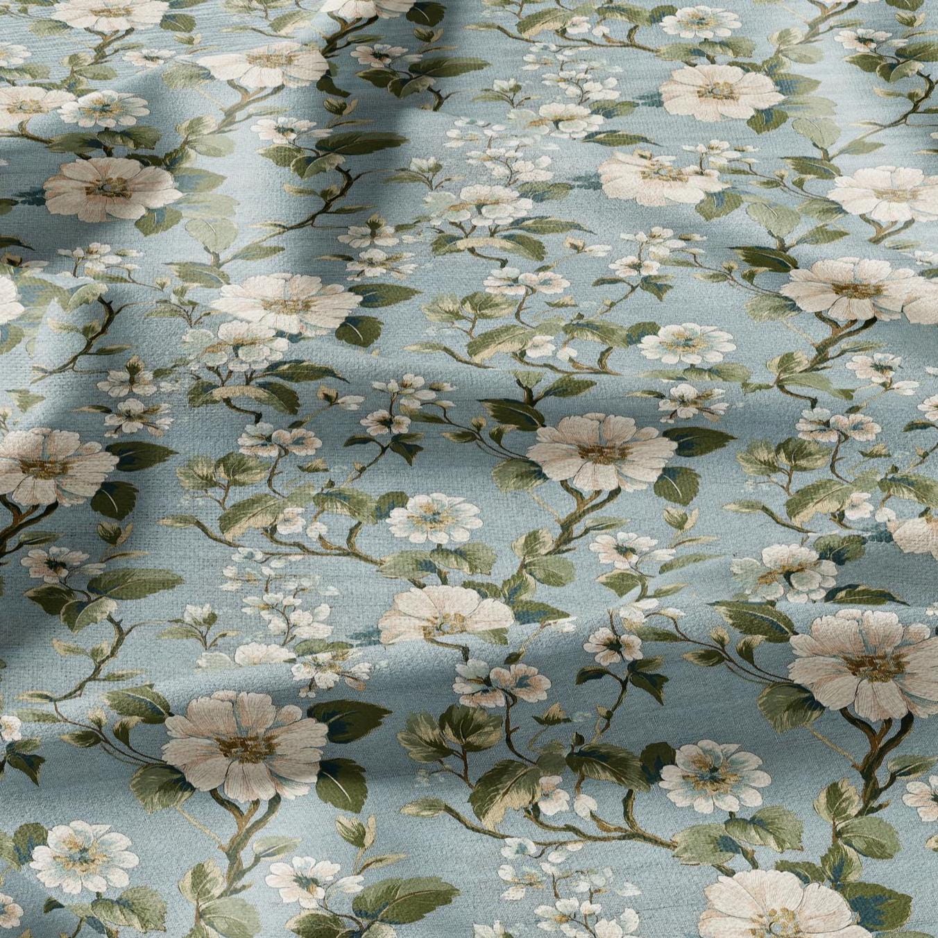 100% LINEN Fabric Apple Blossom print - modern contemporary Chinoiserie print on linen fabric upholstery dress making curtains