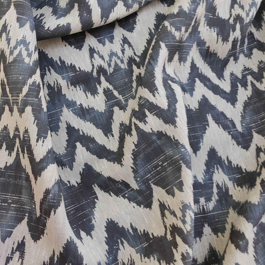 100% LINEN Fabric Abstract zigag WabiSabi , dark blue print on natural linen japandi wabi sabi linen print