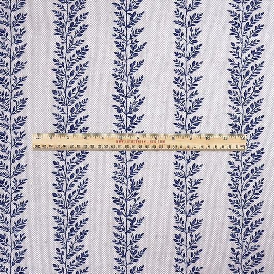 100% LINEN Fabric UPHOLSTERY 12oz - indigo blue block print on oatmeal linen - Modern vintage Victorian floral stripe upholstery 2580