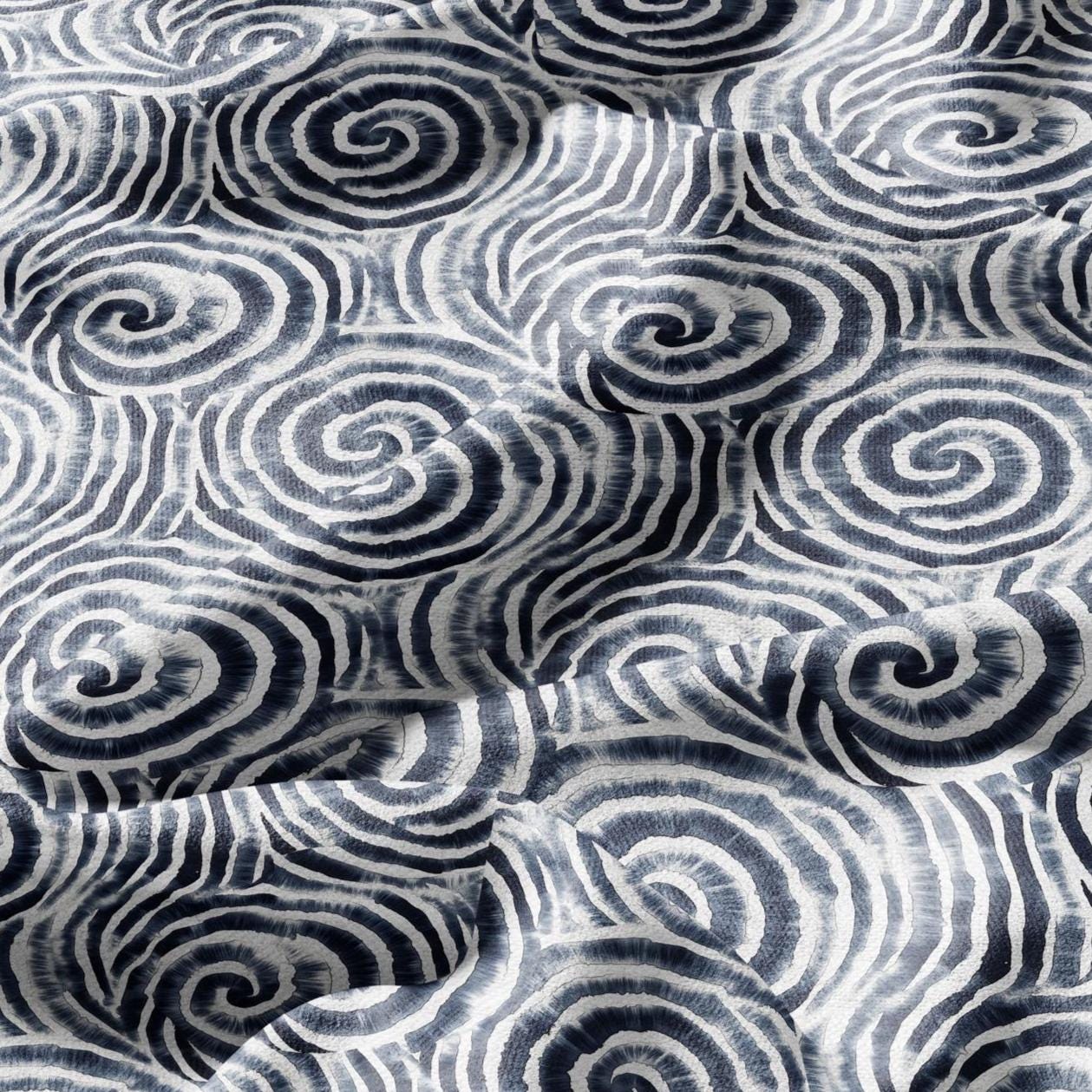 100% LINEN Fabric blue shibori squirl print on white linen - indigoblue flax fabric for uphlstery heavy / medium for clothing 2576
