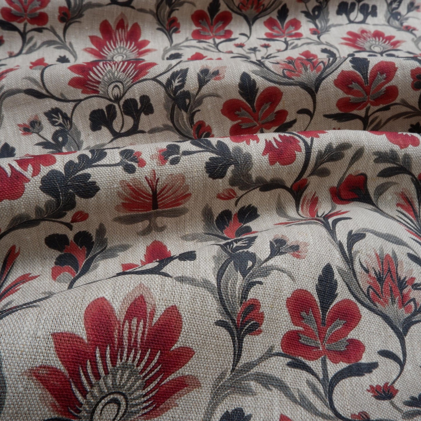100% LINEN Fabric block print floral red black on grey, oatmeal natur linen fabric with botanical print for upholstery home decor