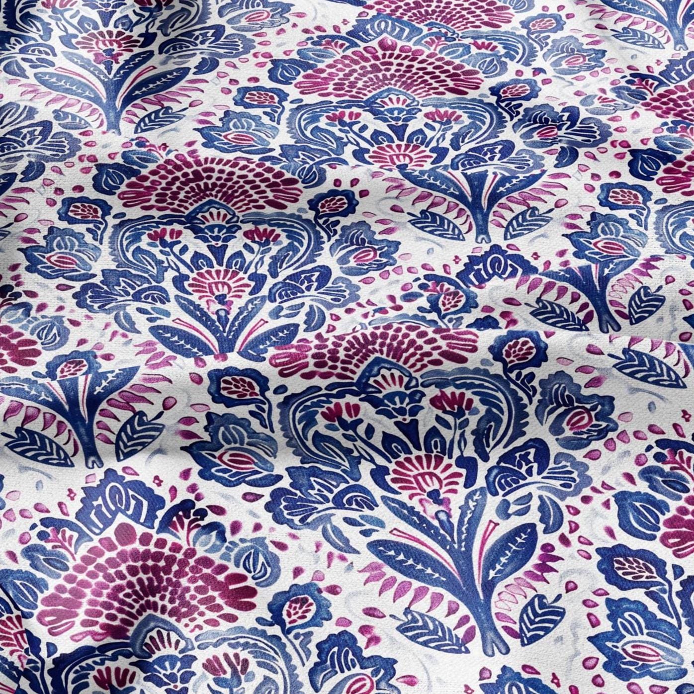 100% LINEN Fabric block print indigo blue red on white - floral print heavy linen fabric for upholstery home decor 2022