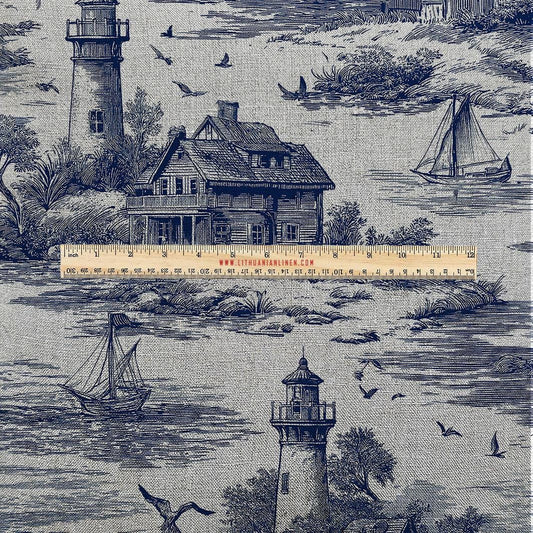 100% LINEN Fabric UPHOLSTERY 12oz - toile de jouy print Coastal - Lighthouse country side oatmeal - Modern Vintage upholstery 2787