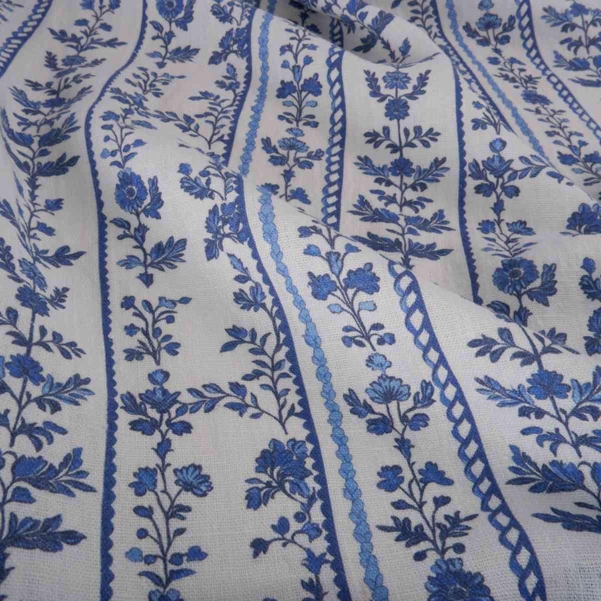 100% LINEN Fabric block print indigo blue white floral - scandinavian botanical fabric with floral print, indian block print on linen linen