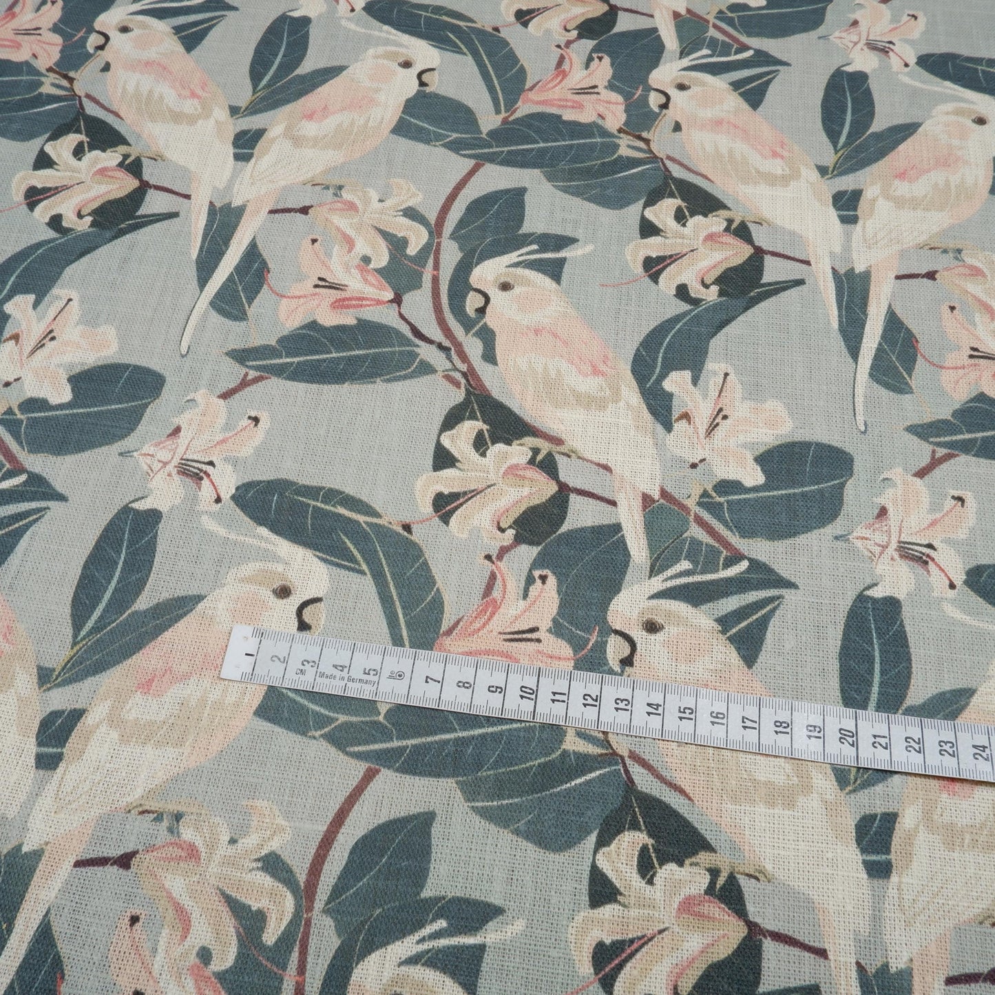 100% LINEN Fabric french blue block print on oatmeal natur linen, floral fabric with parrot French linen botanical upholstery clothing