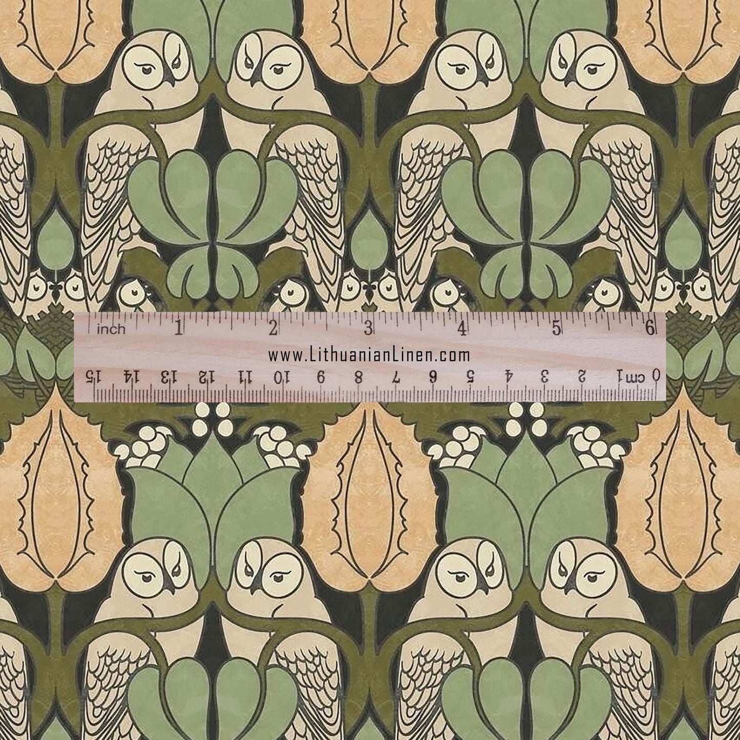 Owl Voysey green print on 100% LINEN - Victorian Art crafts linen Fabric - botanical Historical upholstery home textile