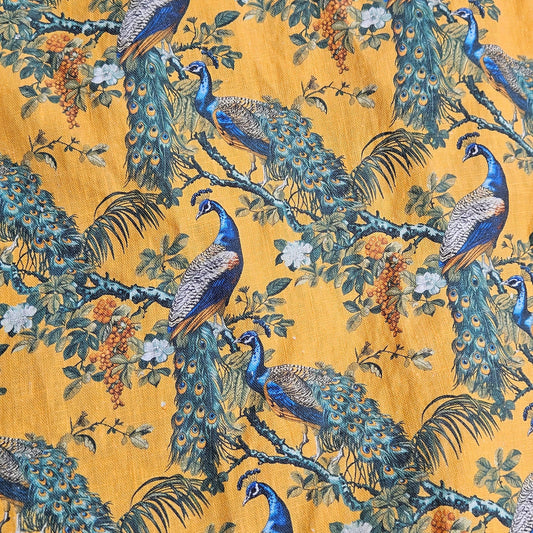 100% LINEN Fabric oriental print with peacock - toile de jouy botanical mustard yellow - upholstery home decor clothing sewing 316