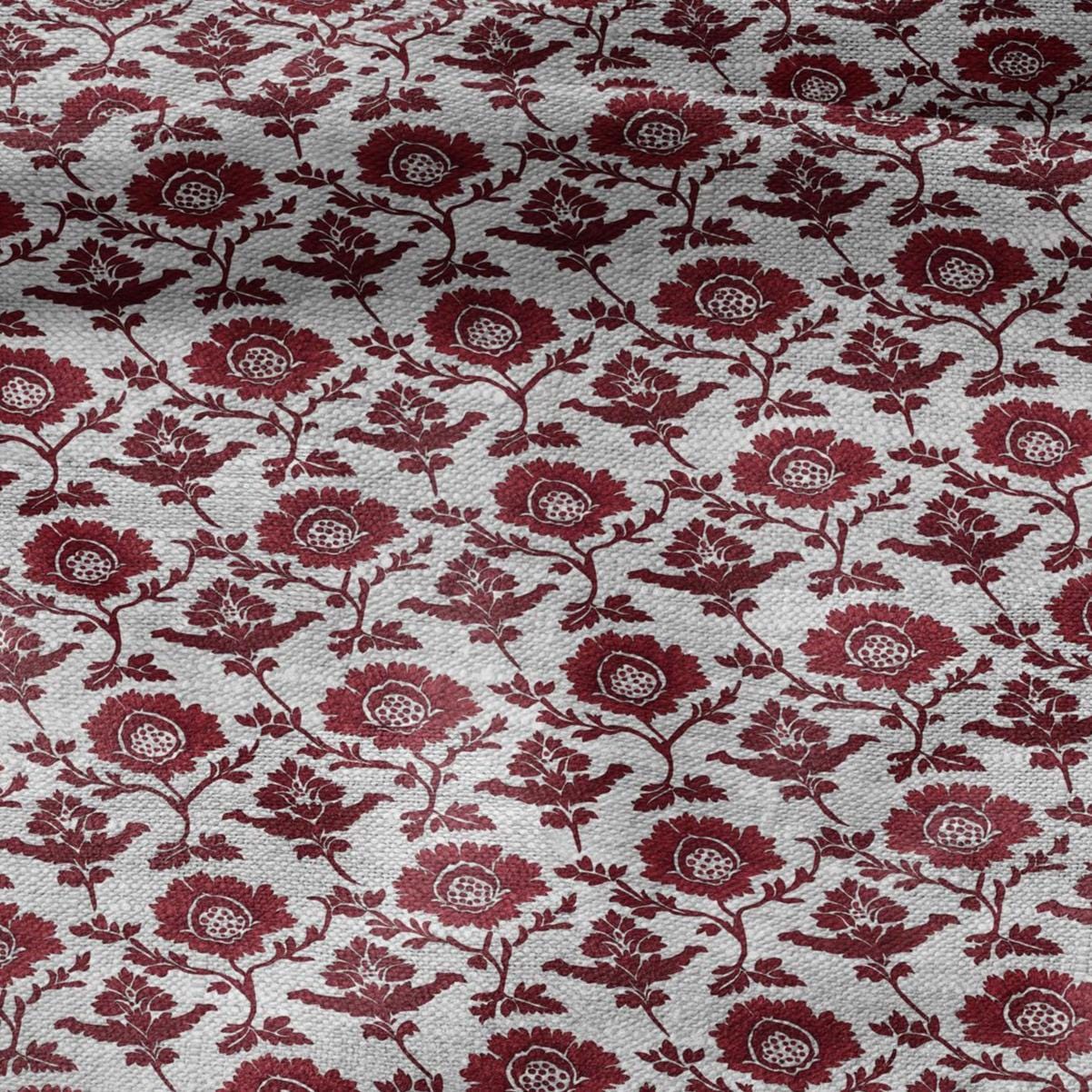 100% LINEN Fabric red flower print - floral red gray print on oatmeal linen for home decor sewing dress clothing 2198