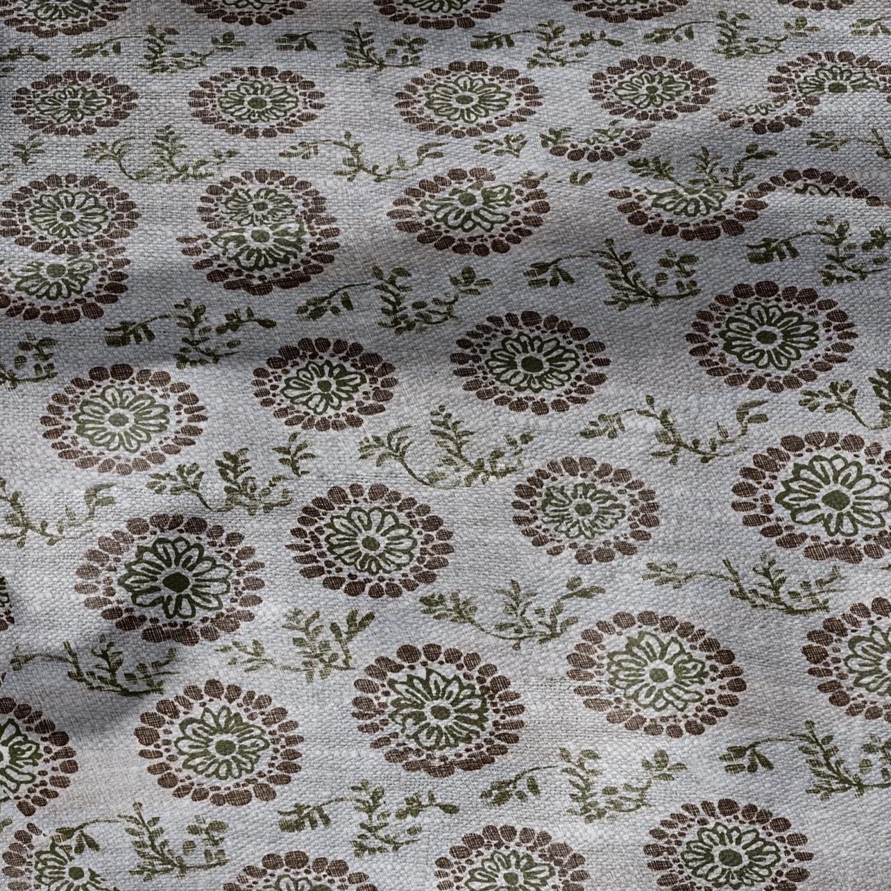 100% LINEN Fabric hand block print flowers - oatmeal natur linen fabric with black yellow print - fabric for home decor upholstery