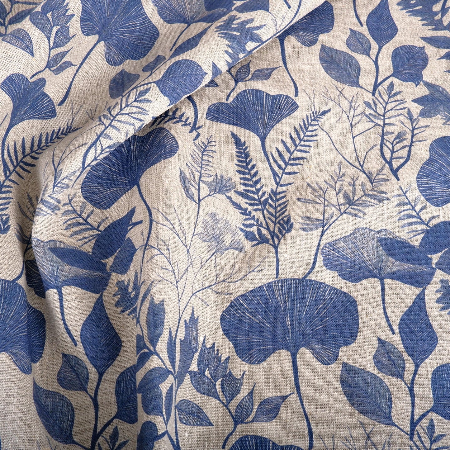 100% LINEN Fabric BLUE floral leaves print 2218