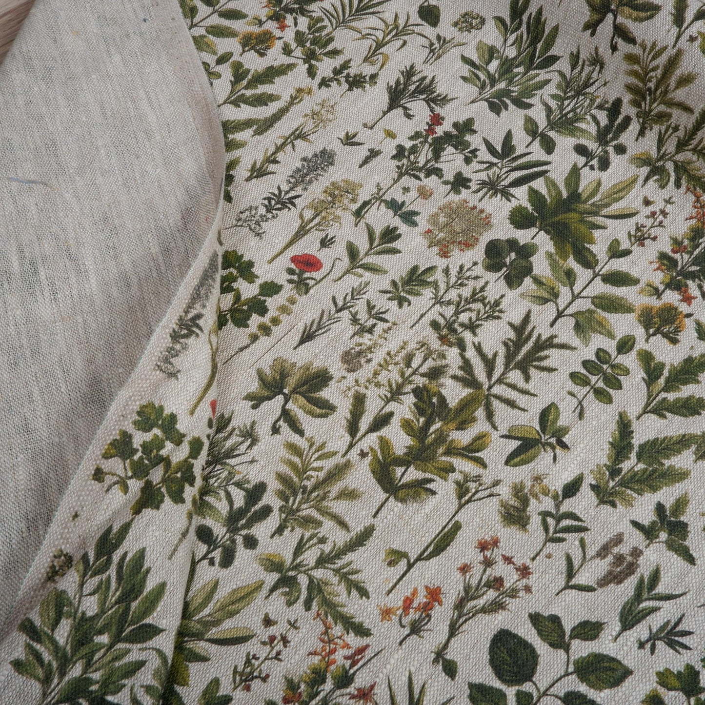 100% LINEN Fabric French Herbs pattern on oatmeal linen fabric, Provence French country floral heavy linen fabric for upholstery home decor
