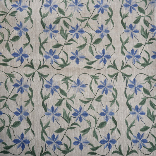 100% LINEN Fabric Scandi flowers - Modern vintage blue green floral print on oatmeal linen for home decor sewing dress clothing 2044