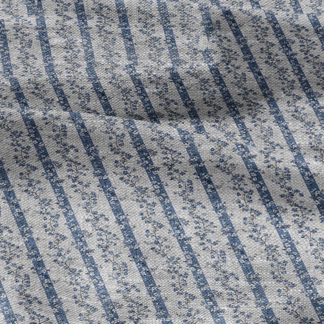 100% LINEN Fabric floral stripe block print on oatmeal linen - blue gray heavy fabric for upholstery - medium weight linen dress making 2502