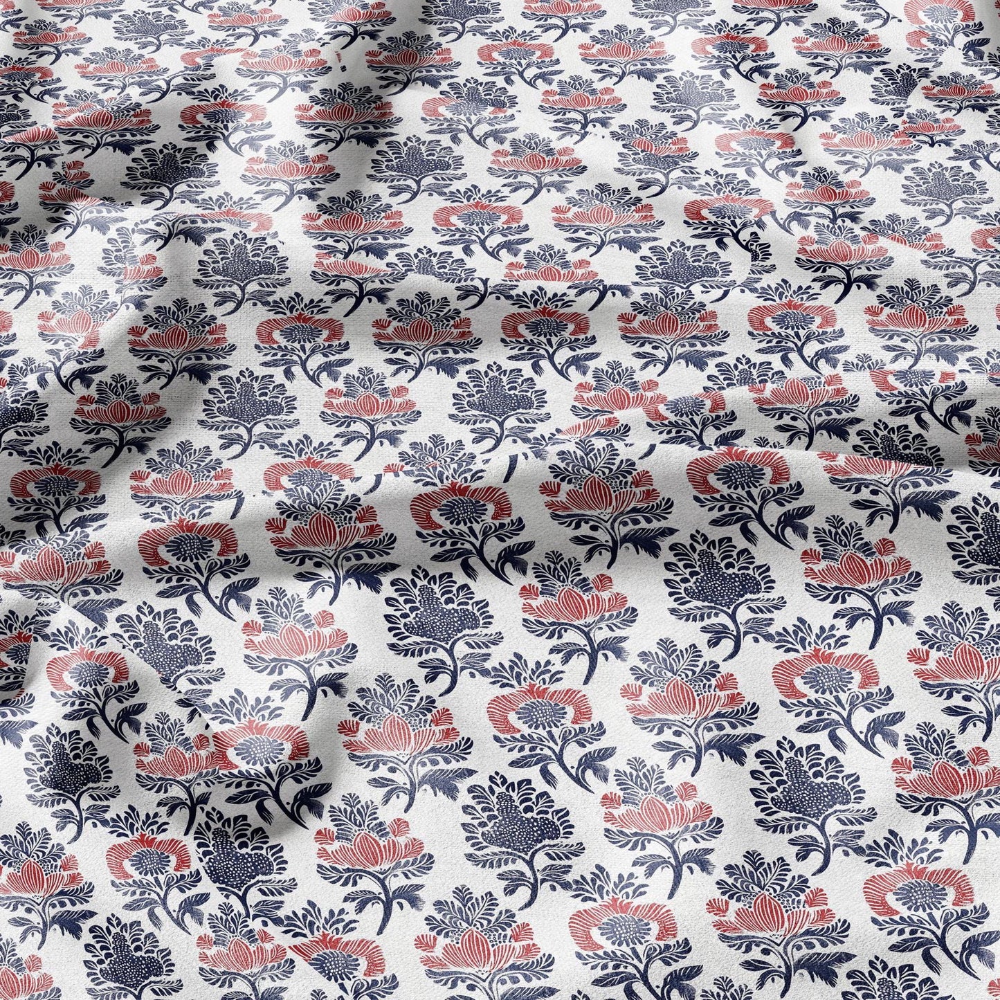 100% LINEN Fabric block print - linen fabric with blue red white floral print - heavy linen fabric for upholstery home decor