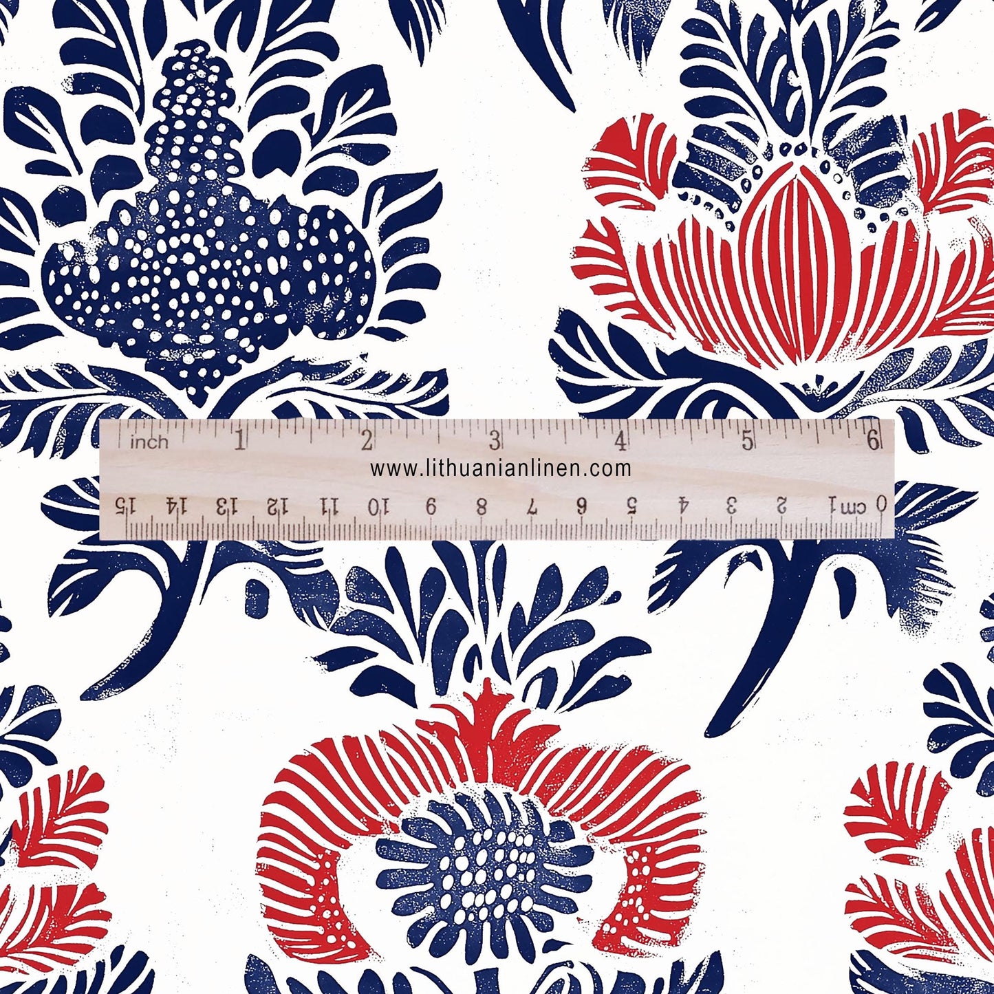 100% LINEN Fabric block print - linen fabric with blue red white floral print Brunkula - heavy linen fabric for upholstery home decor