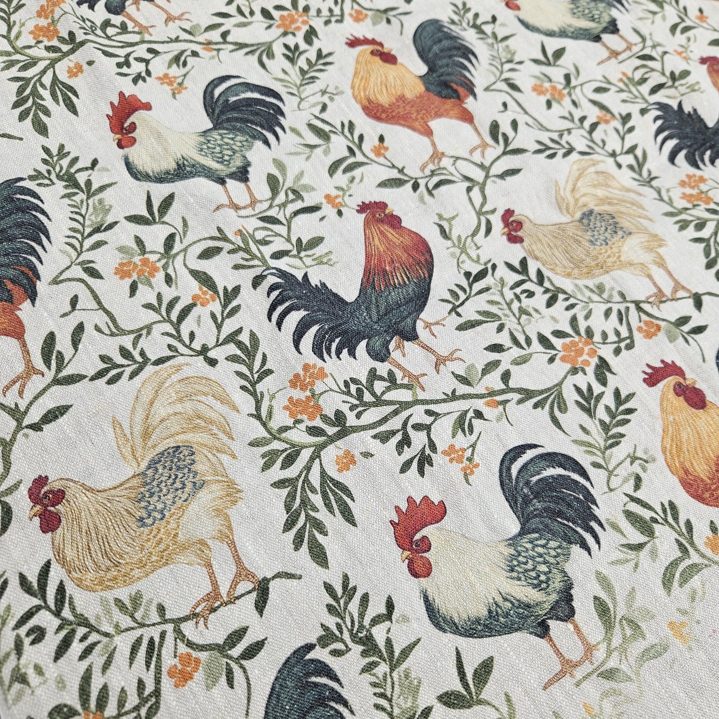 100% LINEN Fabric blue rooster farm on white linen - indigo blue countryside fabric for uphlstery heavy / medium for clothing 2266