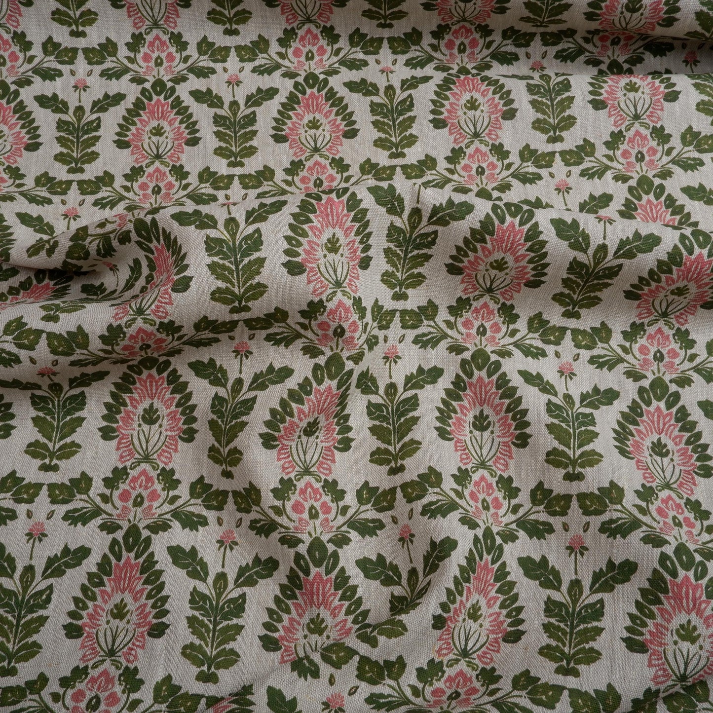 100% LINEN Fabric block print floral pink green on grey, oatmeal natur linen fabric with botanical print for upholstery home decor