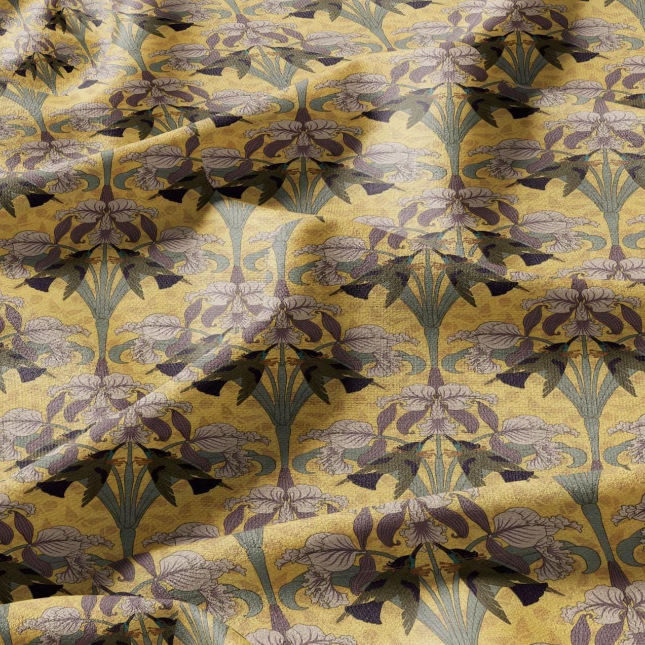 100% linen Art Nouveau Print fabric for Curtain Upholstery Cushion - Floral fabric HUMMINGBIRD - fabric material for dress making sewing