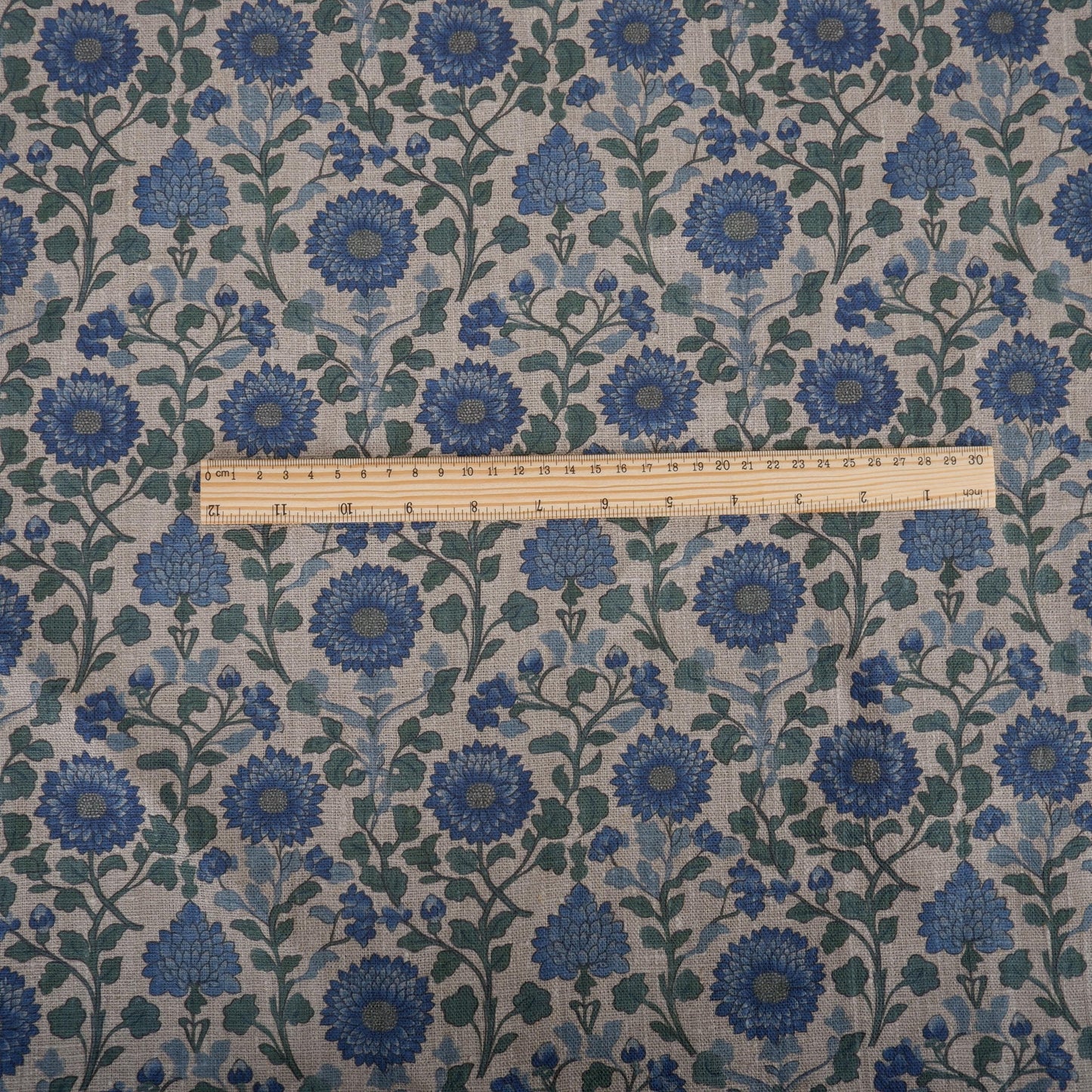100% LINEN Fabric Mughal floral blue block print on oatmeal natur linen - linen floral upholstery dress making sewing curtains