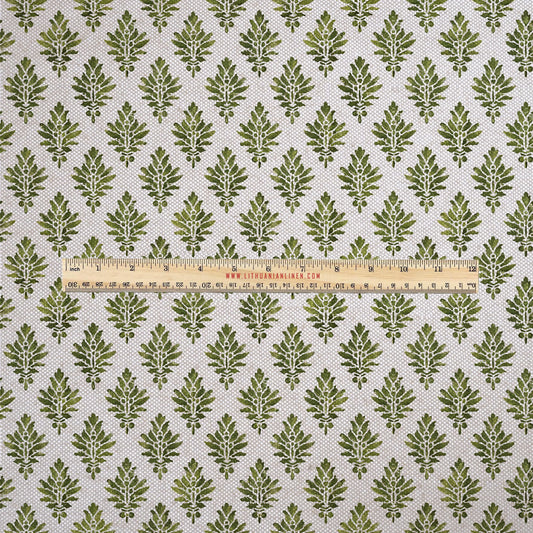 100% LINEN Fabric UPHOLSTERY 12oz - green block print - oatmeal linen fabric with floral print - Modern Vintage upholstery 302