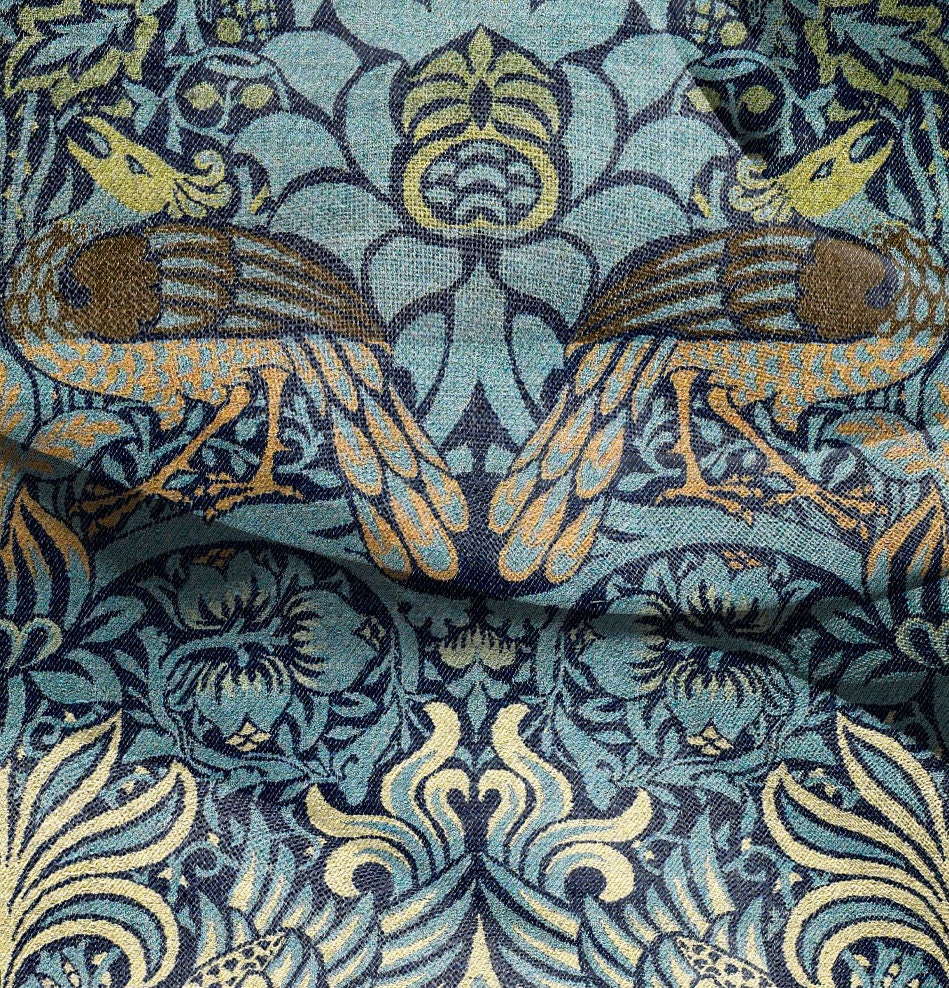 William Morris Dragon and peacock print on 100% LINEN, Victorian Art and crafts linen Fabric, Linen fabric botanical Historical pattern