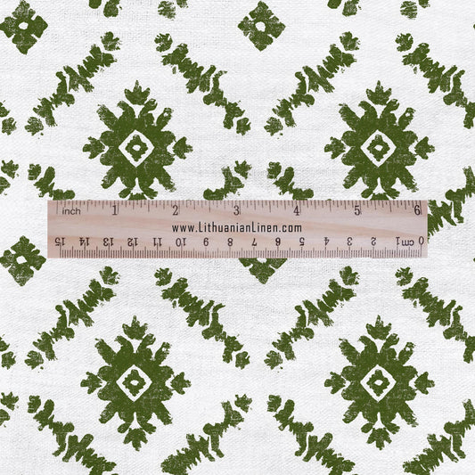 100% LINEN Fabric Green geometric retro block print - modern vintage abstract fabric for upholstery or home decor 2811