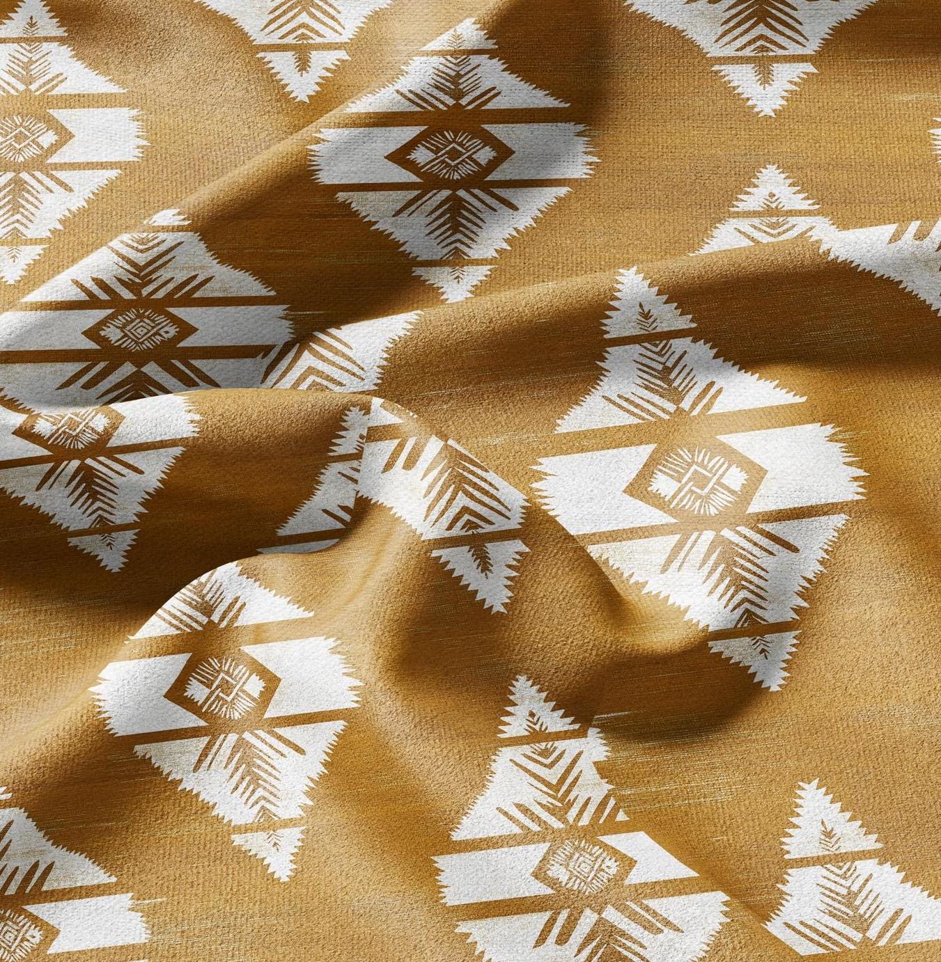 100% LINEN Fabric Mustard Mudcloth - Geometric Aztec Rhomb Fabric - Mustard Southwest Tribal Linen Fabric for upholstery dress making