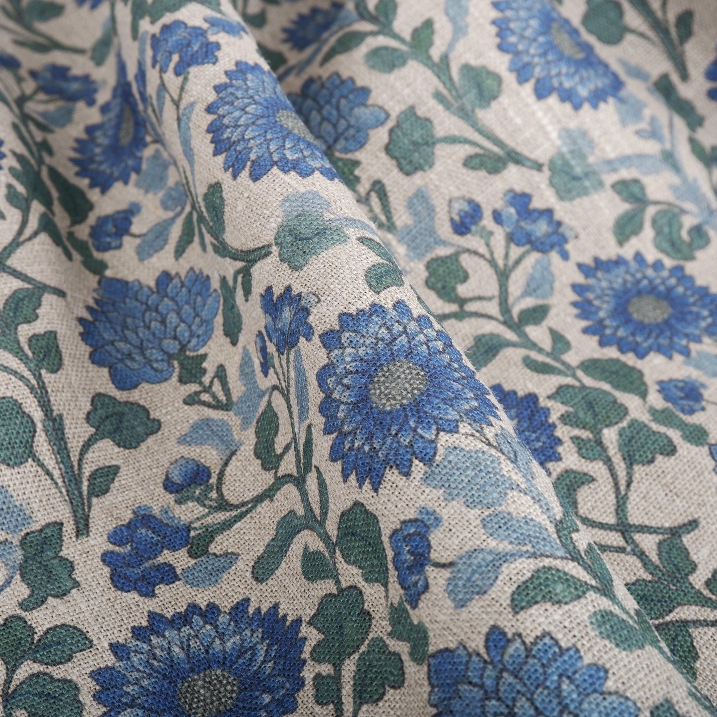 100% LINEN Fabric Mughal floral blue block print on oatmeal natur linen - linen floral upholstery dress making sewing curtains