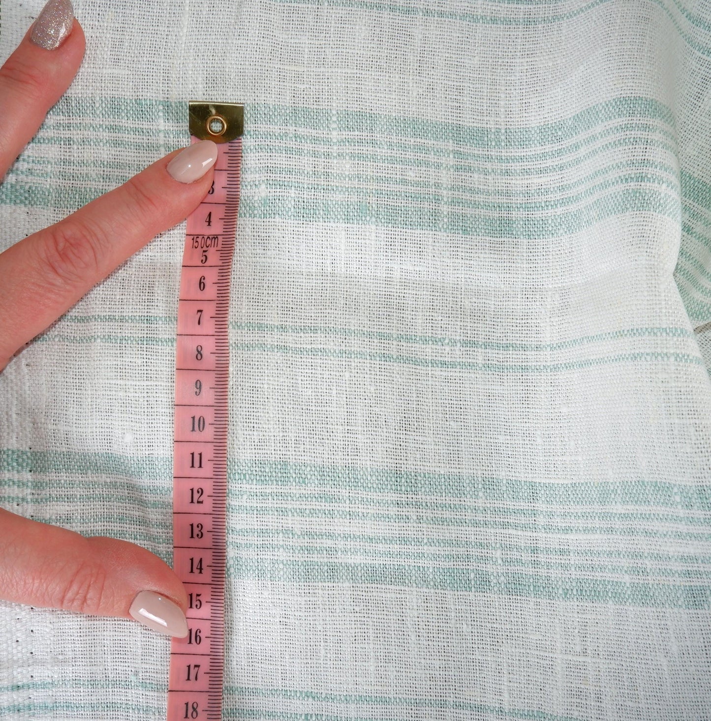 Premium Linen striped Fabric in green white | Heavy weight French country stripes in green white