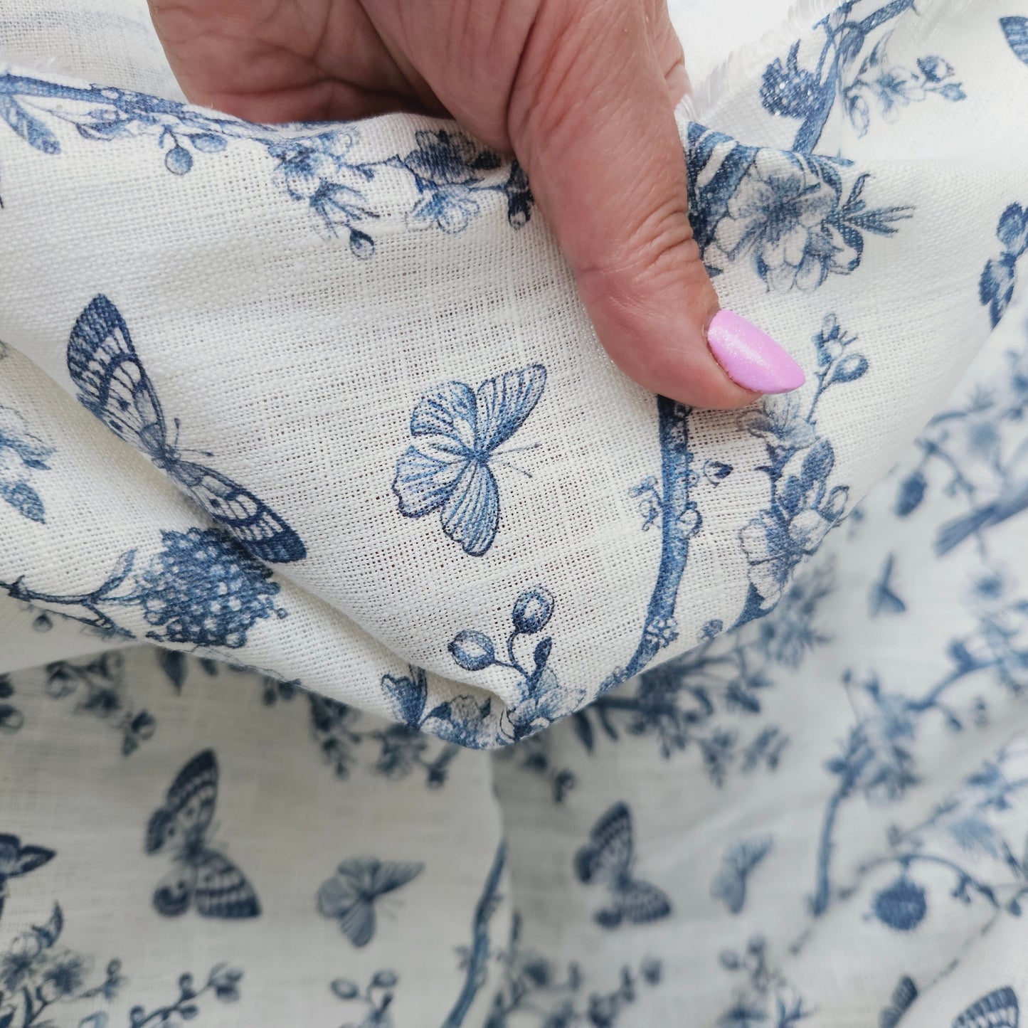 100% LINEN Fabric Toile de Jouy, white botanical fabric with blue indigo print, French linen floral Birds and butterflies