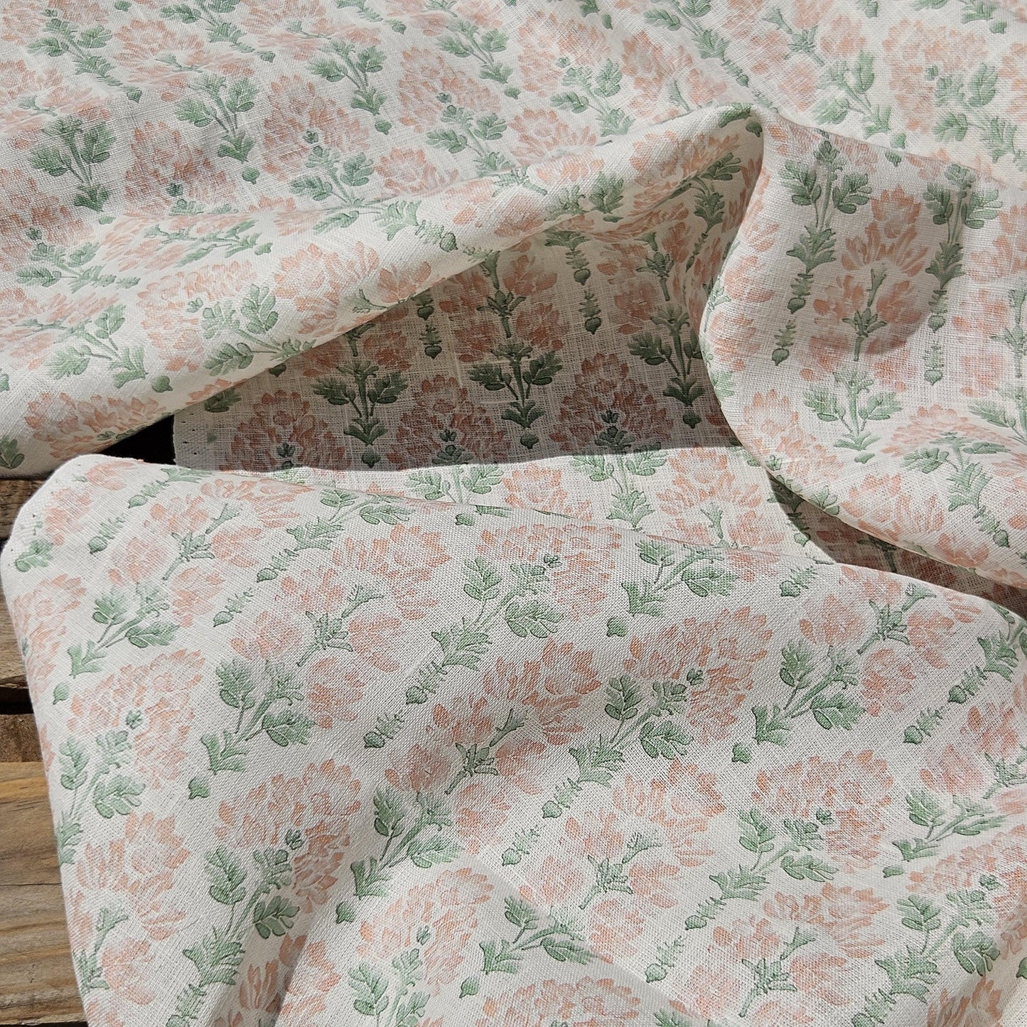 100% LINEN Fabric floral - Pastel Botanical block print fabric large flowers pink blue green for upholstery curtains home textile 2572