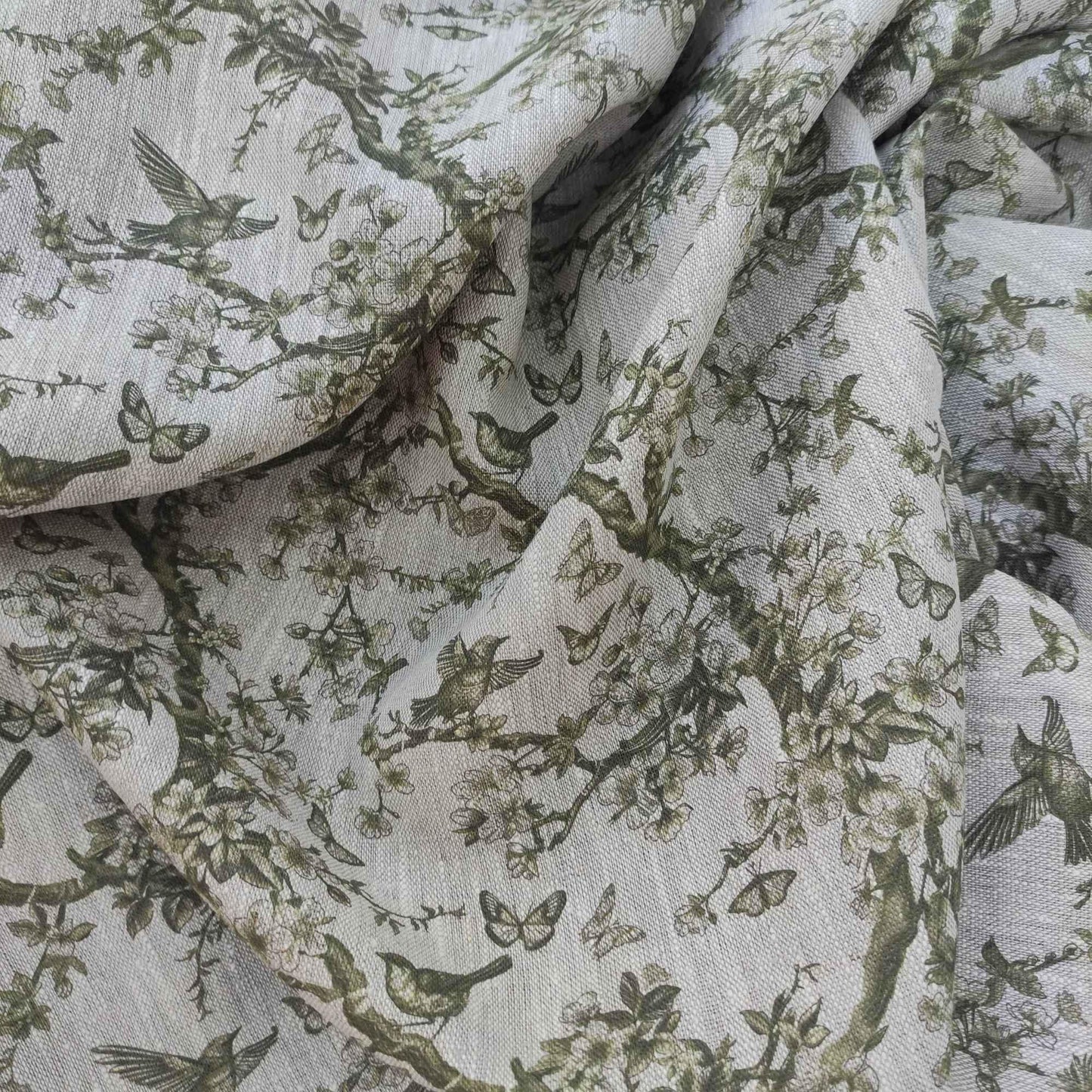 100% LINEN Fabric Toile de Jouy green, oatmeal natur linen fabric with green print, French linen fabric upholstery trees branches with birds
