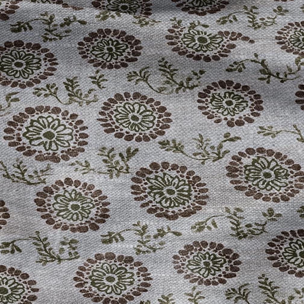 100% LINEN Fabric hand block print flowers - oatmeal natur linen fabric with black yellow print - fabric for home decor upholstery