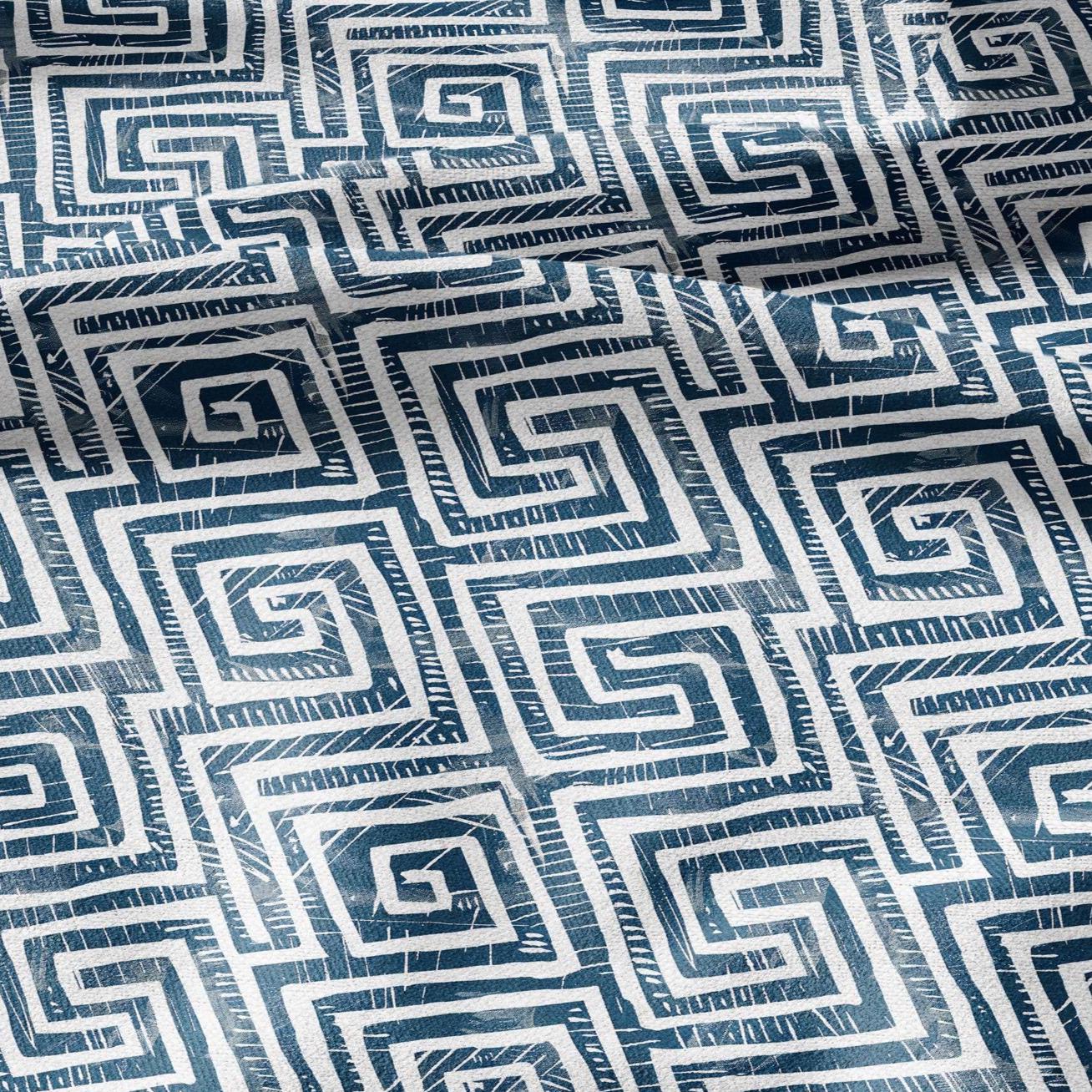 100% LINEN Fabric block Greek key Infinity print indigo blue on white - heavy linen fabric for upholstery home decor 2590