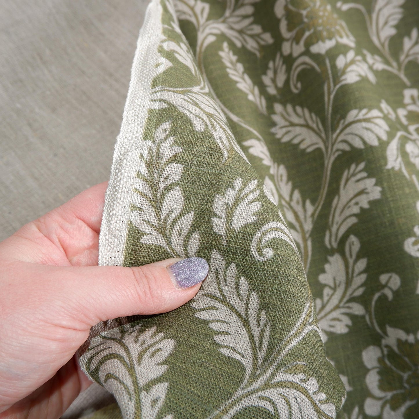100% LINEN Fabric green floral block print on oatmeal natur linen - botanical greenery toile de jouy fabric, French linen floral upholstery