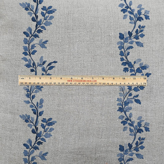 100% LINEN Fabric UPHOLSTERY 12oz - Waves leaves blue print on linen - Modern vintage Victorian coastal marine upholstery 2710