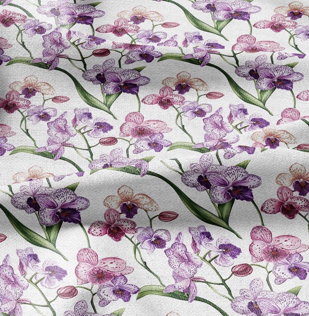 100% LINEN Fabric Floral pink purple orchid print - Hand Drawn Floral PINK Flower linen fabric upholstery home decor curtains pillowcases