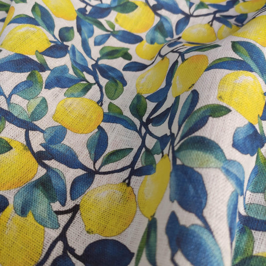 100% LINEN Fabric lemons print, oatmeal natur linen with Italian citrus print, linen fabric home decor upholstery with Italian lemon print