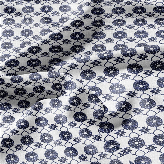 100% LINEN Fabric Medallion indigo blue geometric retro block print - modern vintage abstract fabric for upholstery or home decor 2836