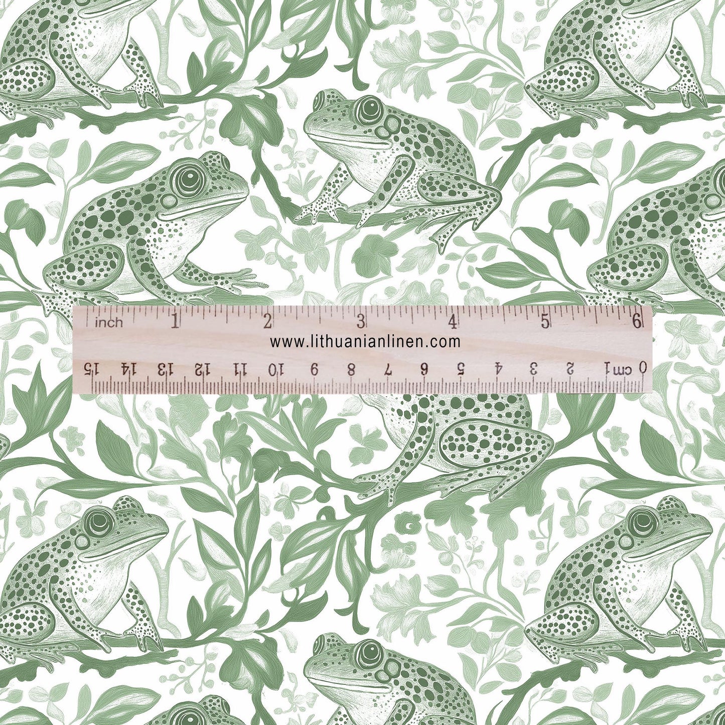 100% LINEN Fabric toile de jouy Frog Nautical print - green white linen fabric with green coastal print for upholstery home decor