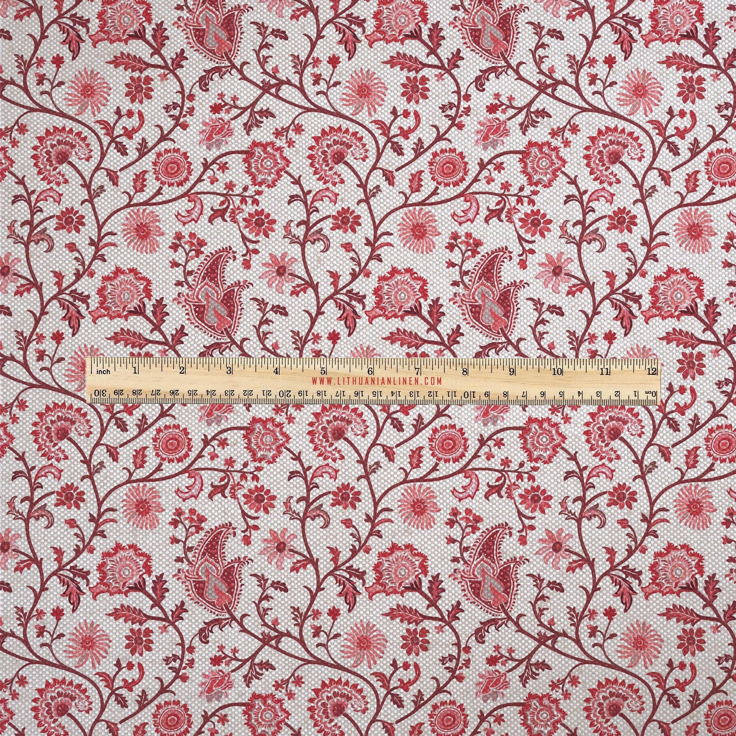 100% LINEN Fabric UPHOLSTERY 12oz - red paisley block print - oatmeal linen fabric with floral print - Modern Vintage upholstery 314