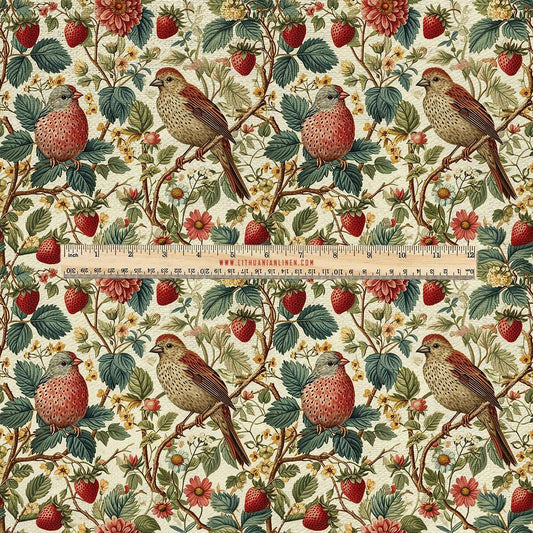 100% LINEN Fabric UPHOLSTERY 12oz - Birds in strawberry field colorful print on linen - berry floral upholstery 349