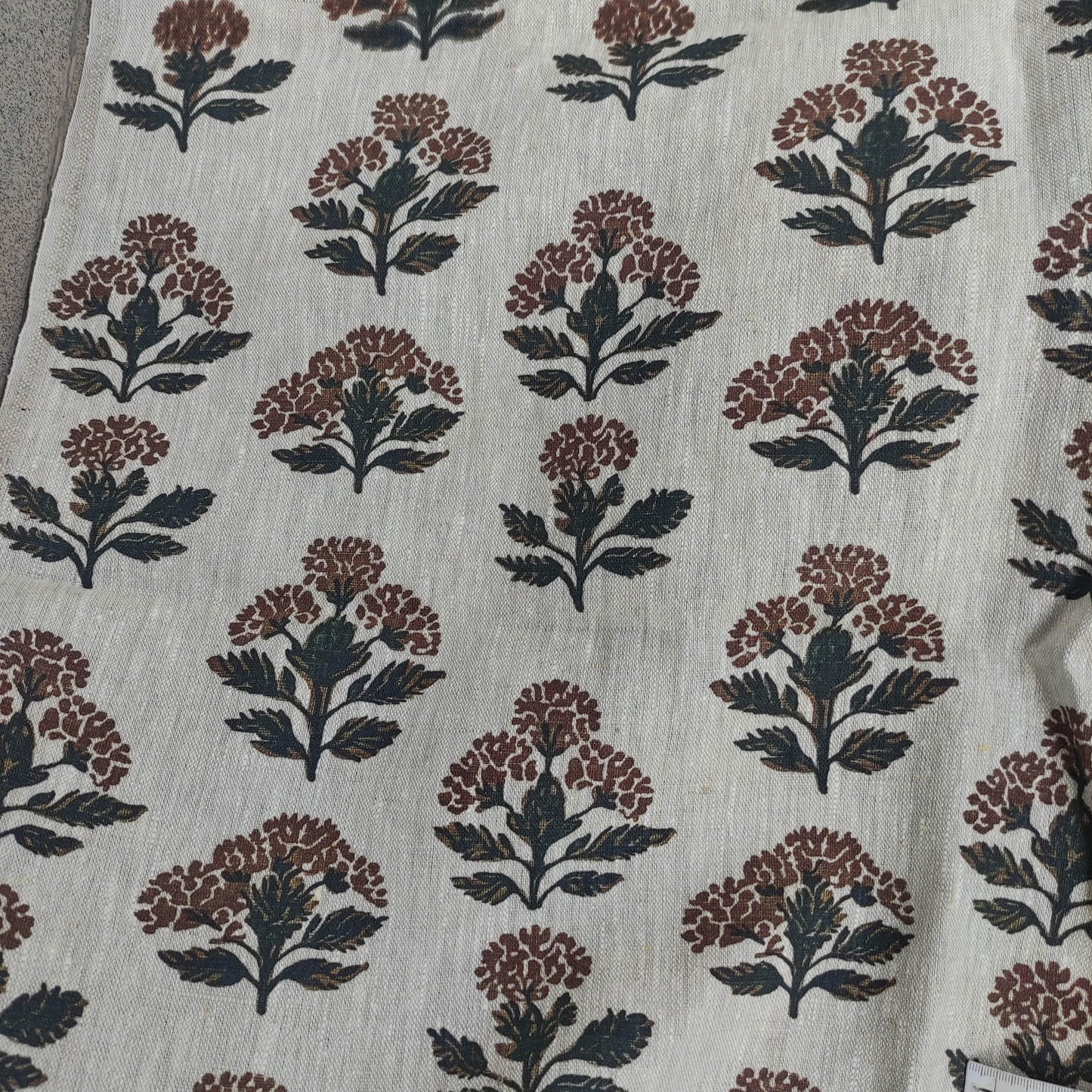 100% LINEN Fabric hand block print flowers - oatmeal linen fabric with black brown print Achillea - fabric for home decor upholstery