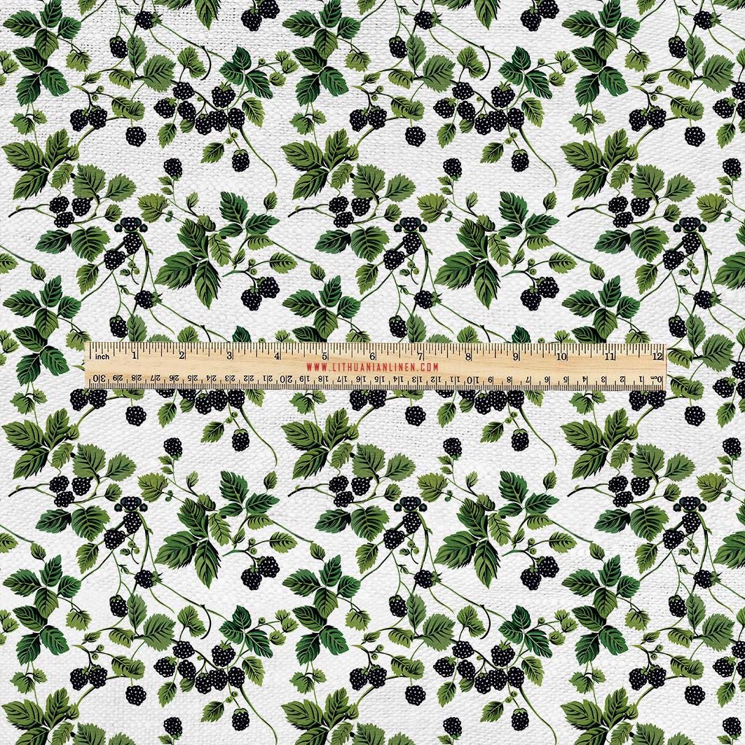 100% LINEN Fabric UPHOLSTERY 12oz - Blackgerry greenery berry print on linen 2600
