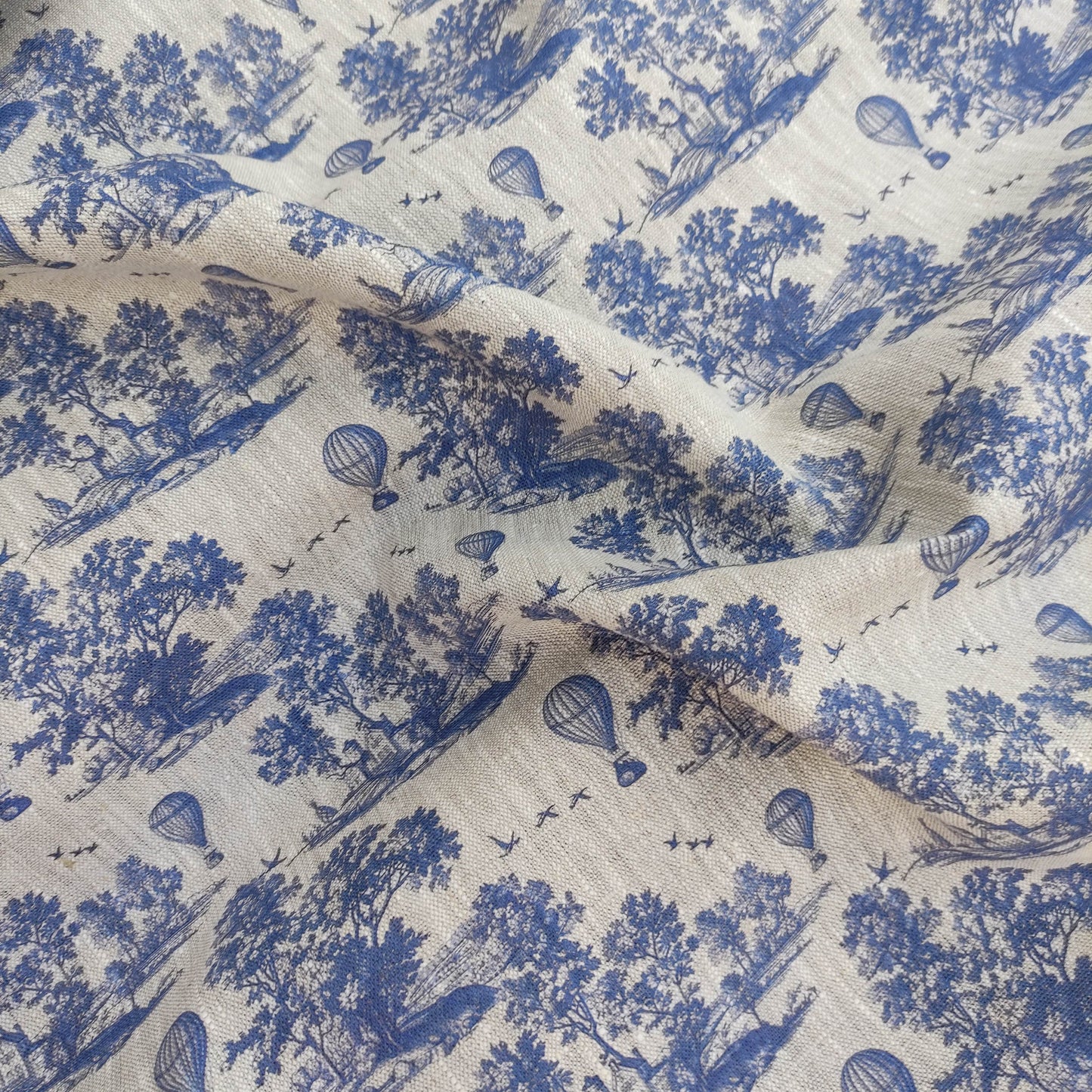 100% LINEN Fabric Toile de Jouy with air Balloon, oatmeal natur linen fabric with blue indigo print, coastal French linen fabric upholstery